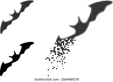 Disintegrating pixelated flying bat icon with halftone version. Vector wind effect for flying bat icon. Pixelated defragmentation effect for flying bat gives movement of cyberspace world.