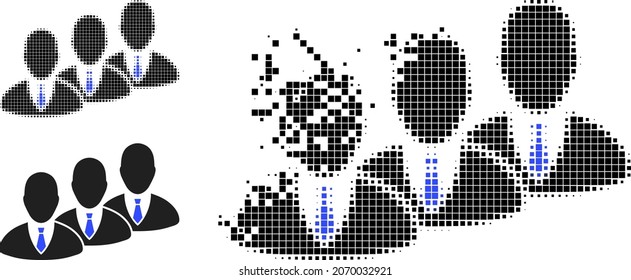Disintegrating pixelated manager team pictogram with halftone version. Vector wind effect for manager team pictogram. Pixel dissipation effect for manager team shows motion of virtual world.