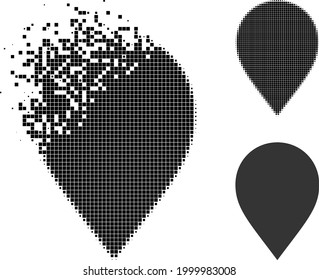 Disintegrating pixelated map marker icon with halftone version. Vector destruction effect for map marker icon. Pixelated degradation effect for map marker demonstrates movement of virtual objects.
