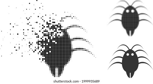 Disintegrating pixelated parasite pictogram with halftone version. Vector destruction effect for parasite pictogram. Pixelated abrasion process for parasite reproduces movement of cyberspace concepts.