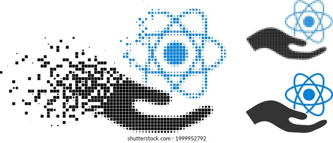 Disintegrating pixelated quantum service hand glyph with halftone version. Vector destruction effect for quantum service hand symbol.