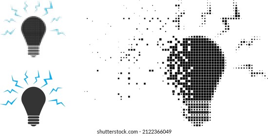 Disintegrating pixelated ultraviolet bulb icon with halftone version. Vector wind effect for ultraviolet bulb icon.