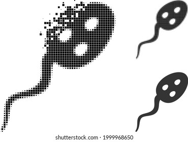 Icono de microbio de vibrión pixelado con versión de semitono. Efecto de destrucción de vectores para el icono de microbio de vibrión. El efecto de polvo pixelado para el microbio de vibrión da movimiento a cosas del ciberespacio.