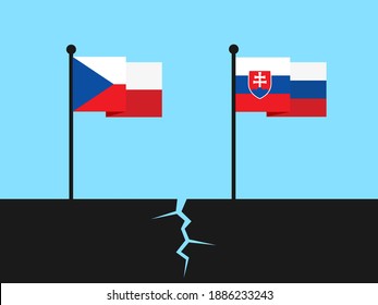 Disintegration And Dissolution Of Czechoslovakia Into Czech Republic And Slovakia. Flag Post And Pole With Wavy National Symbols. Vector Illustration. 