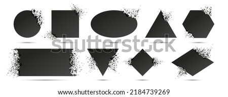 Disintegration effect frame. Broken background debris, explosion with splatter particles and shattered object shape vector set