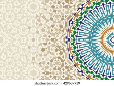 Disintegration Morocco Mosaic Abstract Template.  Arabic Islamic Design background. Green, ocher, blue on beige.