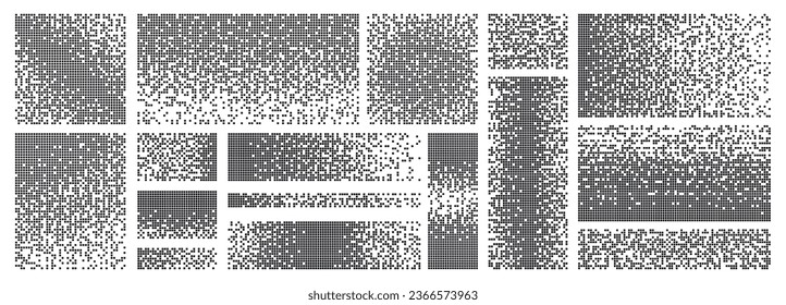 Fondo de píxeles de desintegración. Formas de píxeles dispersos, texturas de mosaico punteado. Decadencia en cuadrados negros, partículas planas racy vectoriales elementos