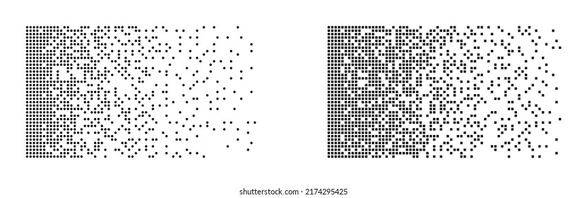 Disintegration set. Black and white dots. Big data concept. Broken pixel mosaic. Future technology. Machine Learning visualization. Vector illustration.