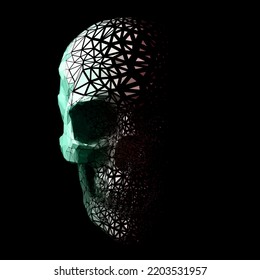 Disintegration style polygonal skull . Vector illustration of a scary human skull . 3D low poly particle fading effect.