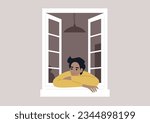 A disinterested character leans against an open window, idly observing the activities unfolding on the street with a sense of detachment
