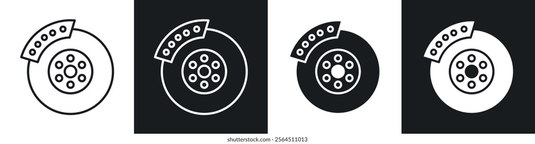Disk brake icons collection in black filled and line style.