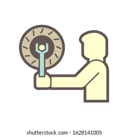 Disk brake, mechanics or technician vector icon. Stop system or safty equipment with steel metal disc. To check, fix, repair, service or maintenance for auto car, automotive vehicle by wrench, spanner