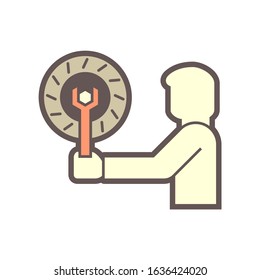 Disk brake, mechanics or technician vector icon. Stop system or safty equipment with steel metal disc. To check, fix, repair, service or maintenance for auto car, automotive vehicle by wrench, spanner