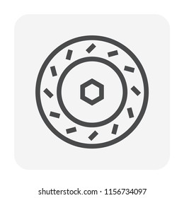 Disk brake vector icon consist of disc, pad, rotor. Stop system, safty equipment or component part for wheel of auto car, automotive vehicle, automobile. Concept for check, repair, service. 48x48 px.