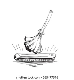 disk cleanup, system phone, smartphone, broom, removing trash, isolated vector icon