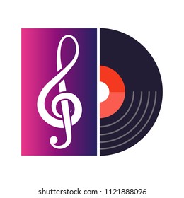 Disk with clef symbol emblem logo design template. Music disc icon vector illustration isolated on white background