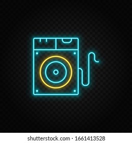 Disk, drive neon icon. Blue and yellow neon vector icon. Transparent background