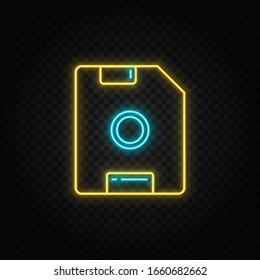 Disk, floppy. Blue and yellow neon vector icon. Transparent background