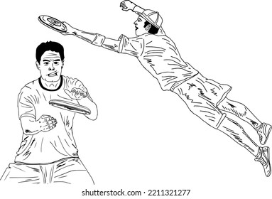 Disk game player sketch drawing silhouette, outline vector illustration of flying disc player, flying disc player on beah cartoon doodle
