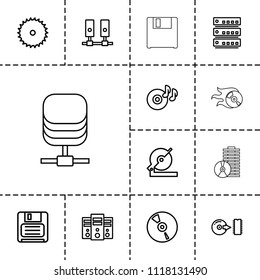 Disk icon. collection of 13 disk outline icons such as blade saw, circular saw, disc on fire, diskette, cd, server, disc. editable disk icons for web and mobile.