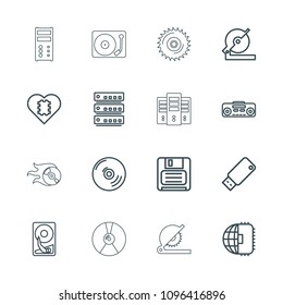 Disk icon. collection of 16 disk outline icons such as circular saw, cpu in heart, cpu planet, diskette, record player, server. editable disk icons for web and mobile.