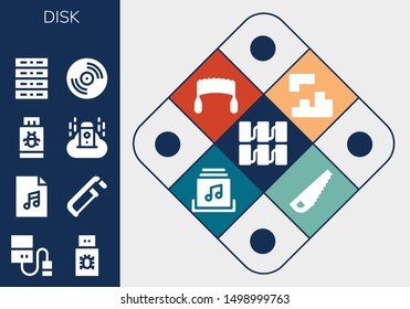 disk icon set. 13 filled disk icons.  Simple modern icons about  - Server, Hard drive, Usb, Audio file, Saw, Pendrive, Vinyl, Music album