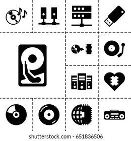 Disk icon. set of 13 filled diskicons such as disc on fire, record player, disc, gramophone, usb drive, cd, hard disc, cpu in heart, cpu planet