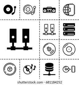 Disk icon. set of 13 filled and outline disk icons such as disc on fire, record player, gramophone, cd, disc, cpu planet
