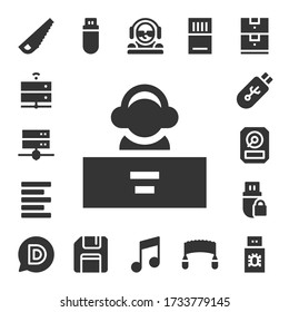 disk icon set. 17 filled disk icons.  Simple modern icons such as: Saw, Server, DJ, Left alignment, Pendrive, Hdd, Disqus, Floppy disk, Music, Memory card, Data storage, Usb