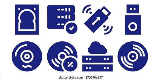 disk icon set. 8 filled disk icons. Included Vinyl, Hard drive, Vynil, Server, Pendrive, Usb icons