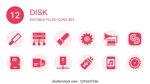 disk icon set. Collection of 12 filled disk icons included Saw, Server, Mechanical saw, Gramophone, Memory card, Vinyl, Usb, Music, Safecopy backup