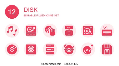 disk icon set. Collection of 12 filled disk icons included Music, Turntable, DJ, Keyboard, Cd, Vinyl, Server, Saw, Diskette