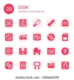 disk icon set. Collection of 20 filled disk icons included Turntable, Server, Saw, Mechanical saw, Vinyl, Brake, Cd, Memory card, Music, Recording, Safecopy backup, Hard disk