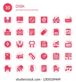 disk icon set. Collection of 30 filled disk icons included Music, Server, Vinyl, Saw, Keyboard, Pawn shop, Hard disc, Usb, Memory card, Recording, Brake, Floppy disk, Gramophone