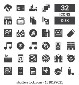 disk icon set. Collection of 32 filled disk icons included Usb, Vinyl, Diskette, Memory card, Server, Turntable, Saw, Pawn shop, DJ, Music, Keyboard, Record, Gramophone, Paste clipboard