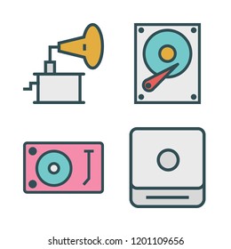 disk icon set. vector set about phonograph, cd player, turntable and hard disk icons set.