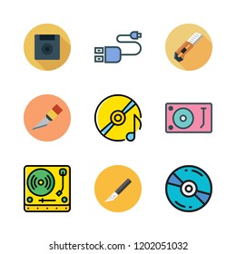 disk icon set. vector set about diskette, cutter, turntable and compact disc icons set.