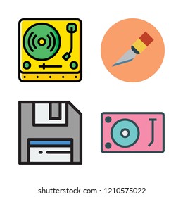 disk icon set. vector set about turntable, cutter and floppy disk icons set.