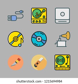 disk icon set. vector set about usb, compact disc, turntable and cutter icons set.