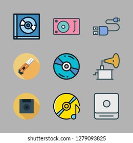 disk icon set. vector set about turntable, cd player, usb and compact disc icons set.