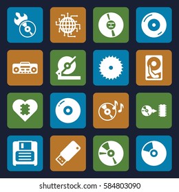 disk icons set. Set of 16 disk filled icons such as blade saw, circular saw, disc on fire, disc flame, diskette, CD, record player, usb drive, CPU in heart