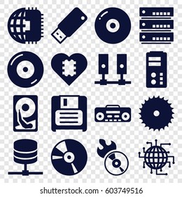 Disk icons set. set of 16 disk filled icons such as blade saw, disc on fire, disc flame, diskette, CD, record player, usb drive, CPU in heart, CPU planet