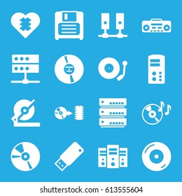 Disk icons set. set of 16 disk filled icons such as circular saw, disc on fire, diskette, CD, record player, disc, gramophone, usb drive, CPU in heart