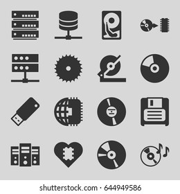 Disk icons set. set of 16 disk filled icons such as blade saw, circular saw, disc on fire, diskette, cd, disc, usb drive, hard disc, cpu in heart, cpu planet