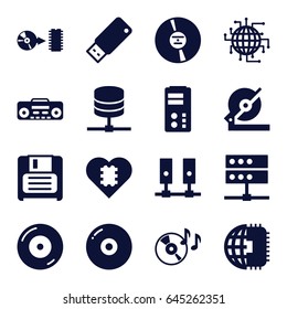 Disk icons set. set of 16 disk filled icons such as circular saw, disc on fire, diskette, cd, record player, disc, usb drive, cpu in heart, cpu planet
