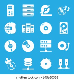 Disk icons set. set of 16 disk filled icons such as blade saw, circular saw, disc on fire, disc flame, cd, gramophone, cpu planet