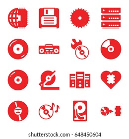 Disk icons set. set of 16 disk filled icons such as blade saw, circular saw, disc on fire, disc flame, diskette, cd, record player, cpu in heart, cpu planet