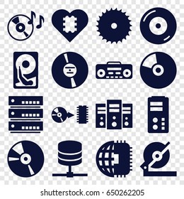 Disk icons set. set of 16 disk filled icons such as blade saw, circular saw, disc on fire, cd, record player, disc, hard disc, cpu in heart, cpu planet