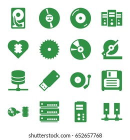 Disk icons set. set of 16 disk filled icons such as blade saw, circular saw, disc on fire, diskette, cd, disc, gramophone, usb drive, hard disc, cpu in heart
