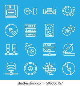 disk icons set. Set of 16 disk outline icons such as circular saw, disc on fire, disc flame, diskette, CD, record player, gramophone, CPU planet